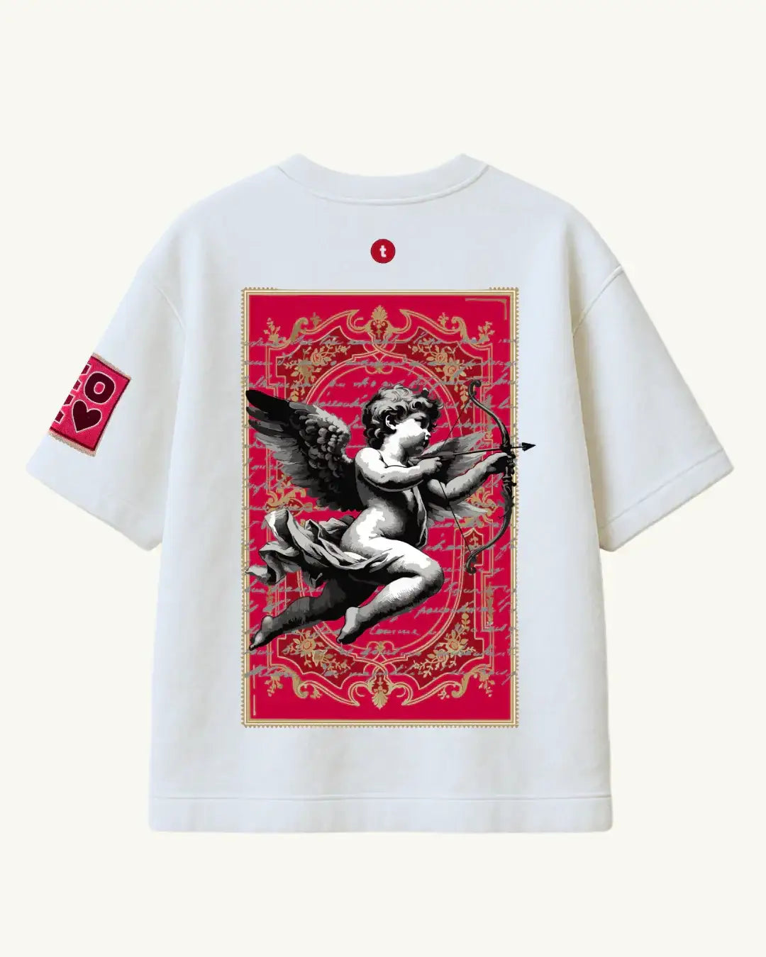 teeside white t-shirt with baroque cupid and ornate red gold graphic on back