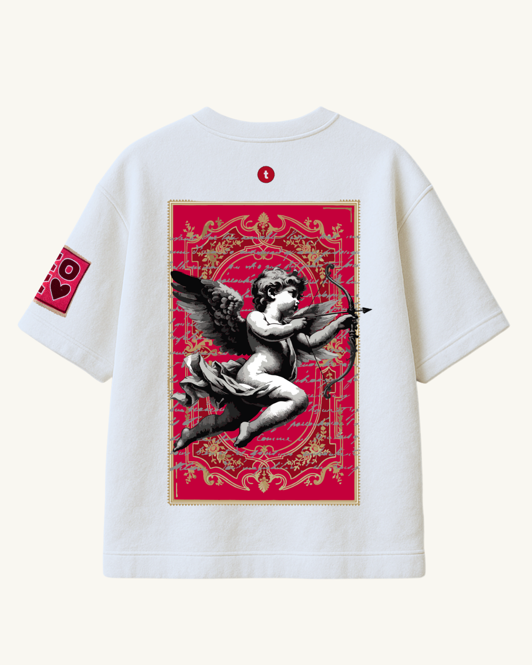 teeside white t-shirt with baroque cupid and ornate red gold graphic on back