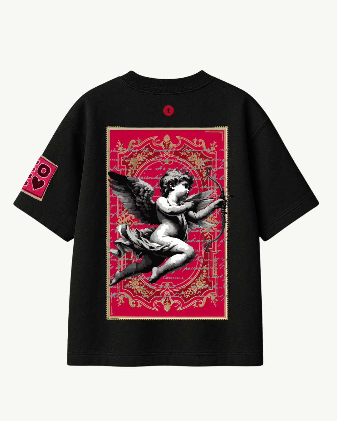 teeside black t-shirt with cherub graphic, ornate red and gold frame, playing card sleeve detail