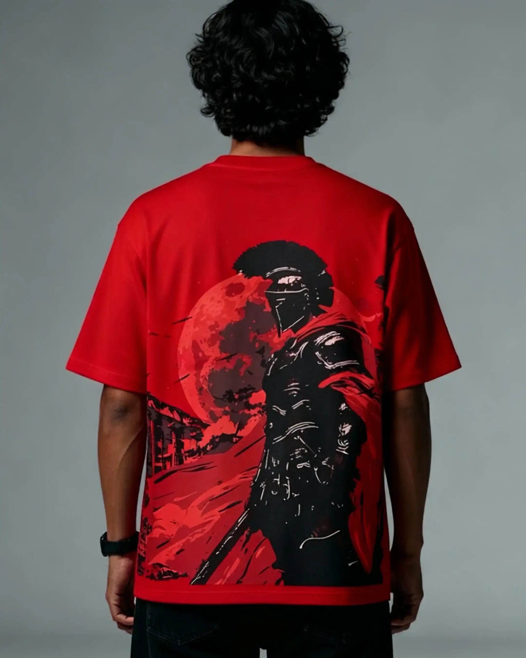 teeside red t-shirt featuring a bold graphic of a knight with a red moon on the back