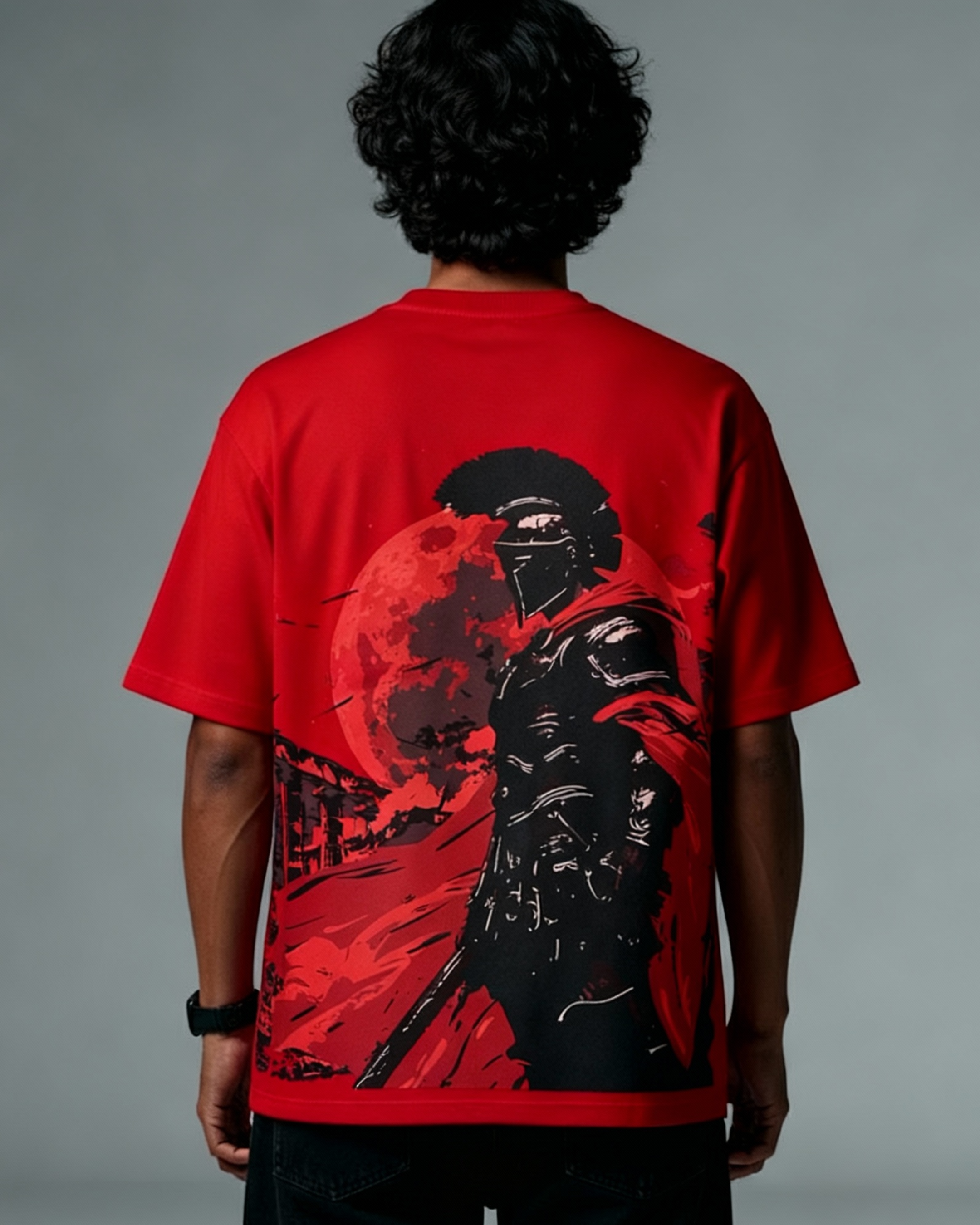 teeside red t-shirt featuring a bold graphic of a knight with a red moon on the back