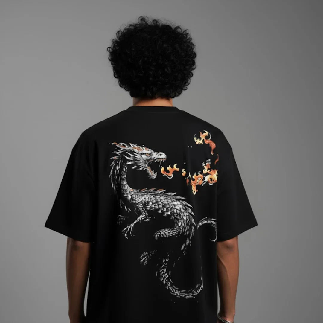 teeside black t-shirt with dragon and flame graphic on back, streetwear style