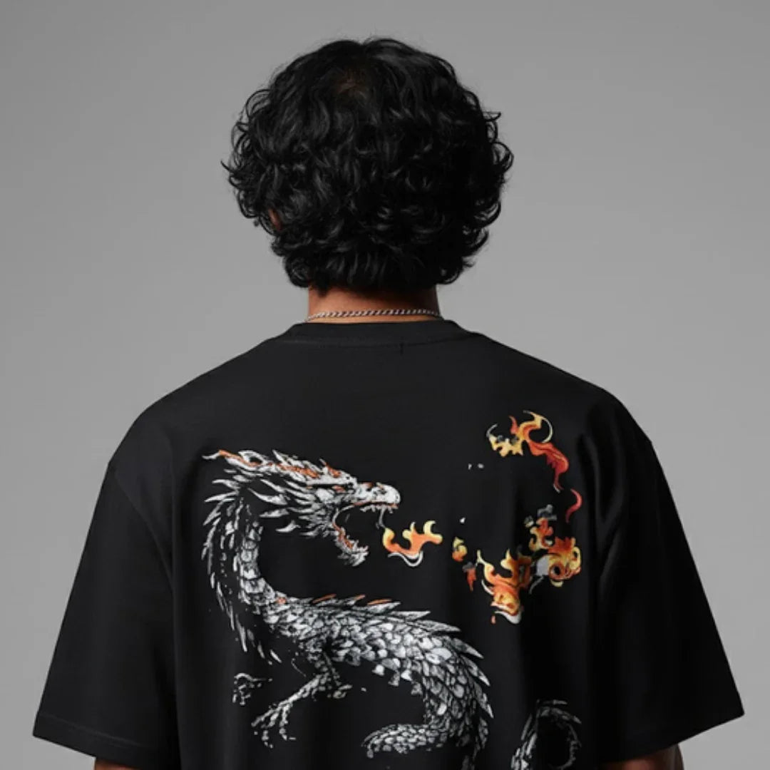teeside black t-shirt with silver dragon and flames graphic design on the back