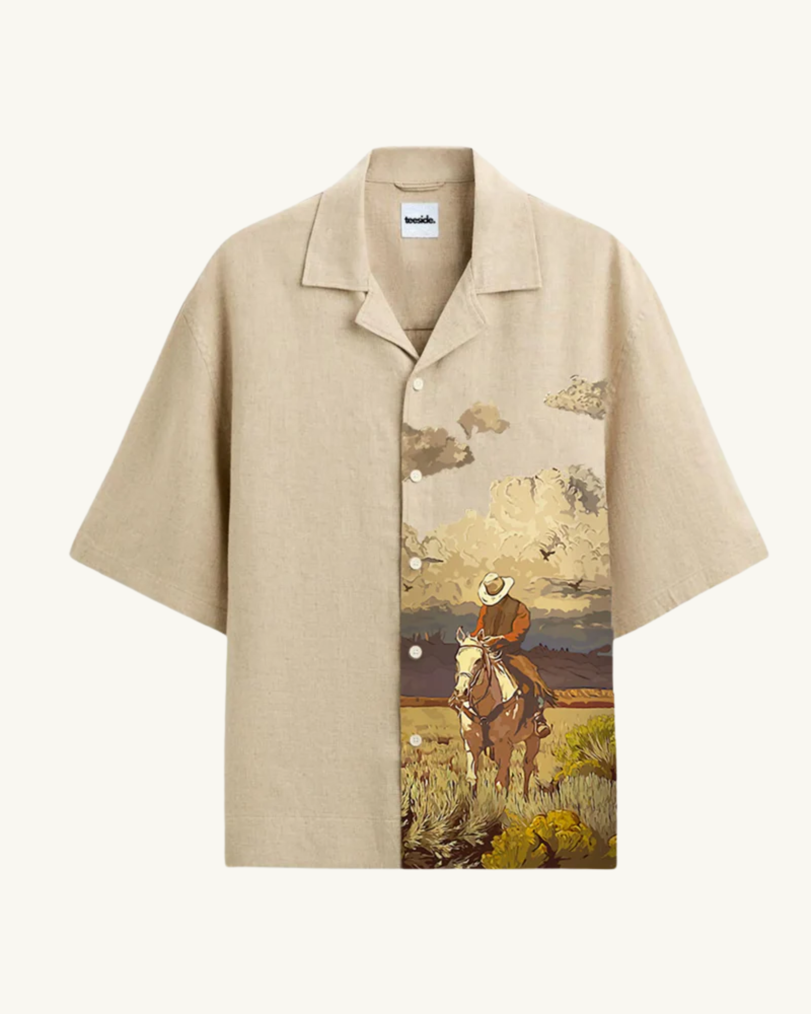 teeside beige short sleeve shirt with cowboy and horse western landscape print