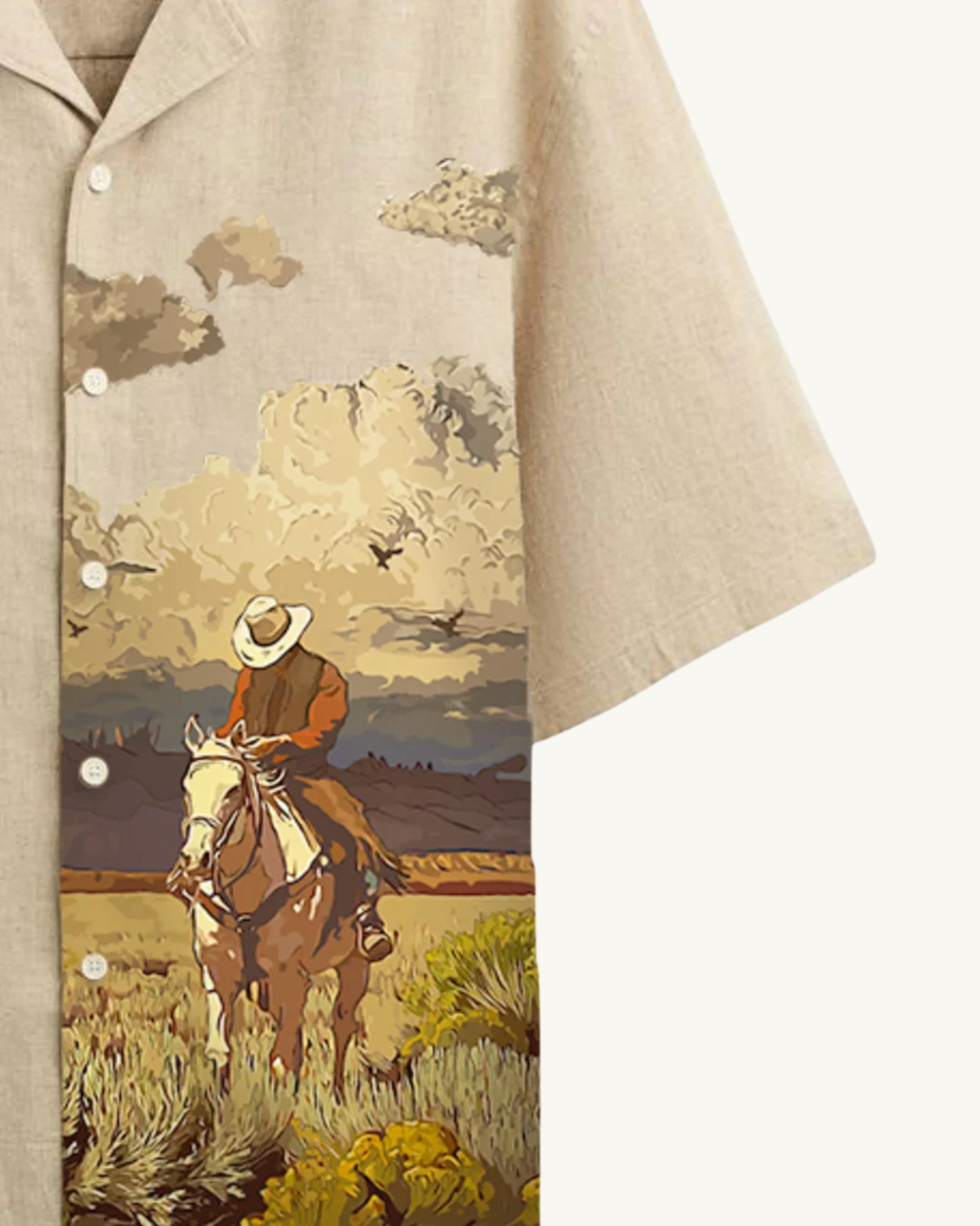 teeside beige shirt with cowboy and horse western desert scene print