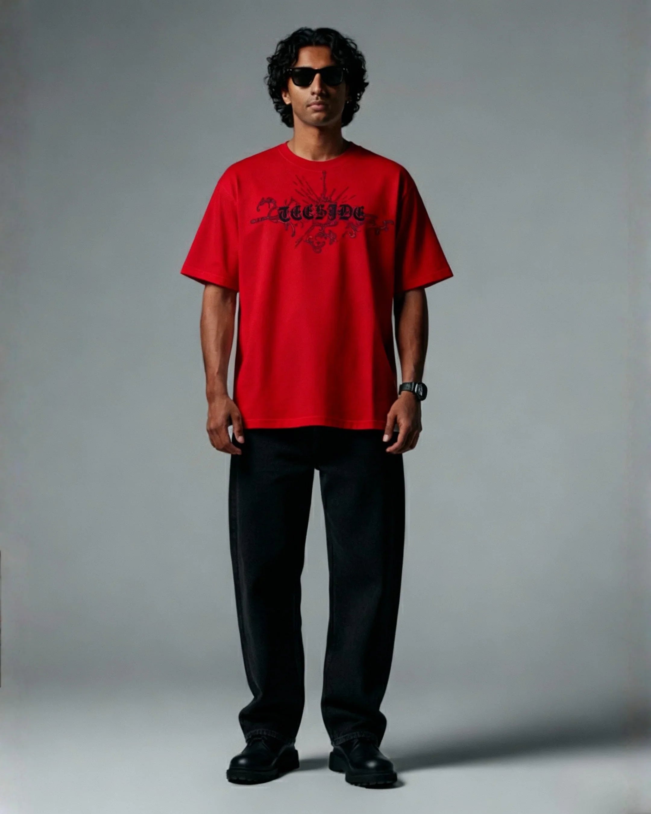 Man wearing a red teeside graphic t-shirt, black pants, sunglasses and watch, standing indoors