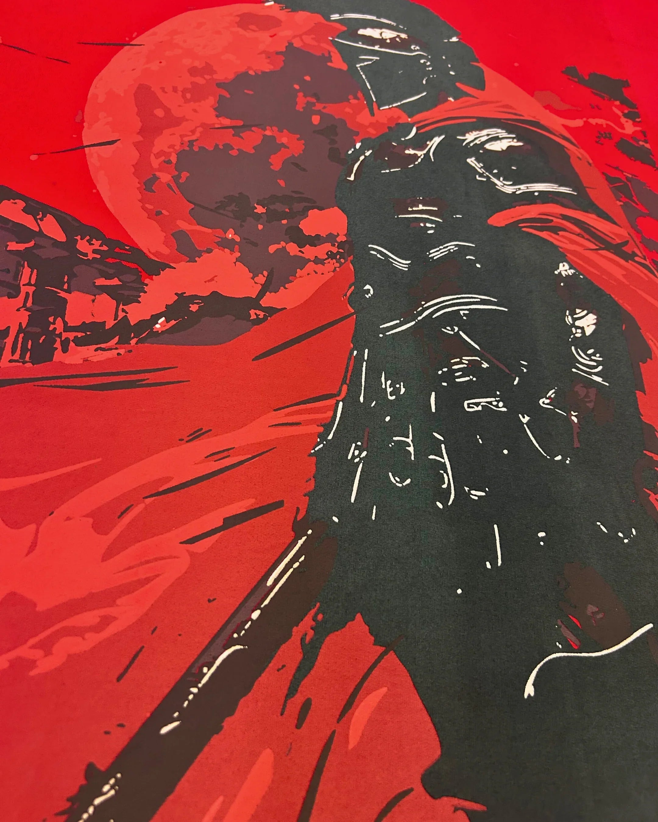 teeside graphic art of armored knight in red cloak with red moon background