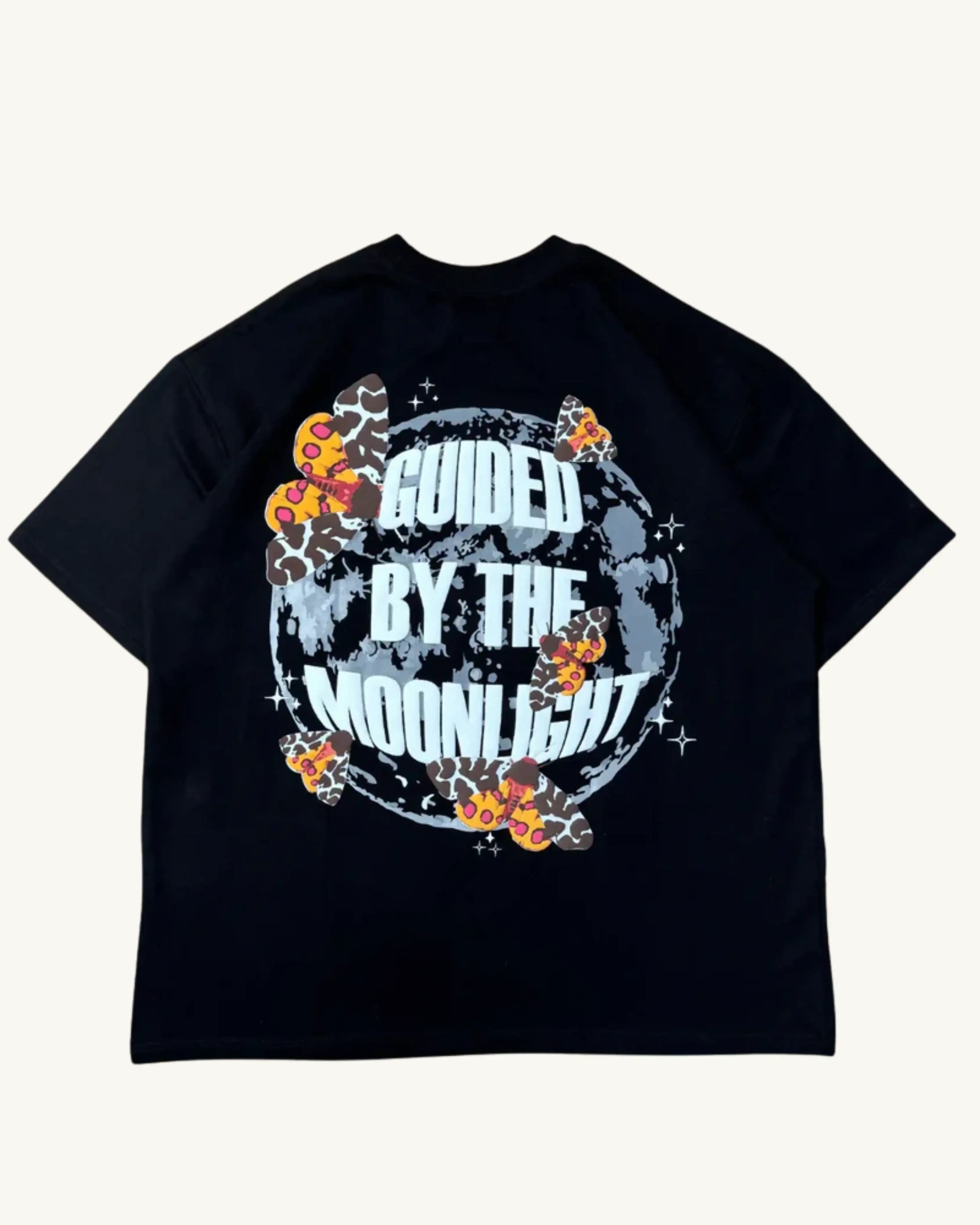 teeside black t-shirt with moon, colorful moths, and 'Guided By The Moonlight' graphic