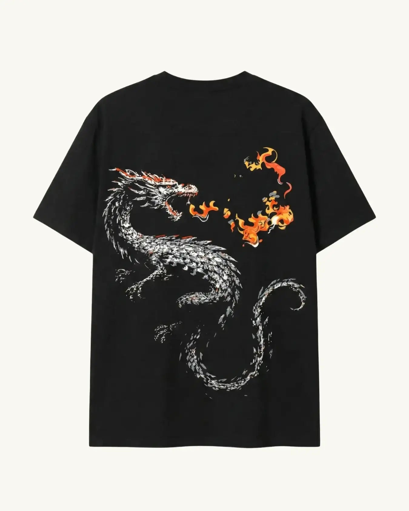 teeside black t-shirt with dragon breathing fire graphic on back