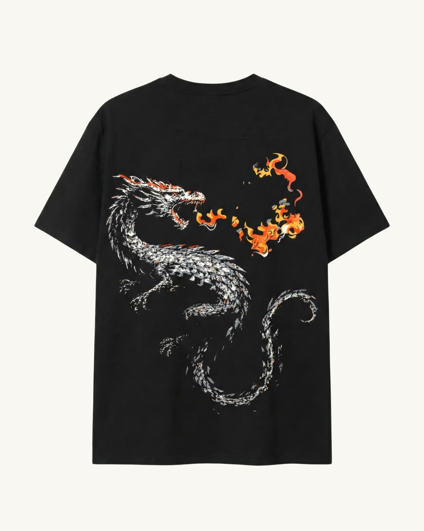 teeside black t-shirt with dragon breathing fire graphic on back