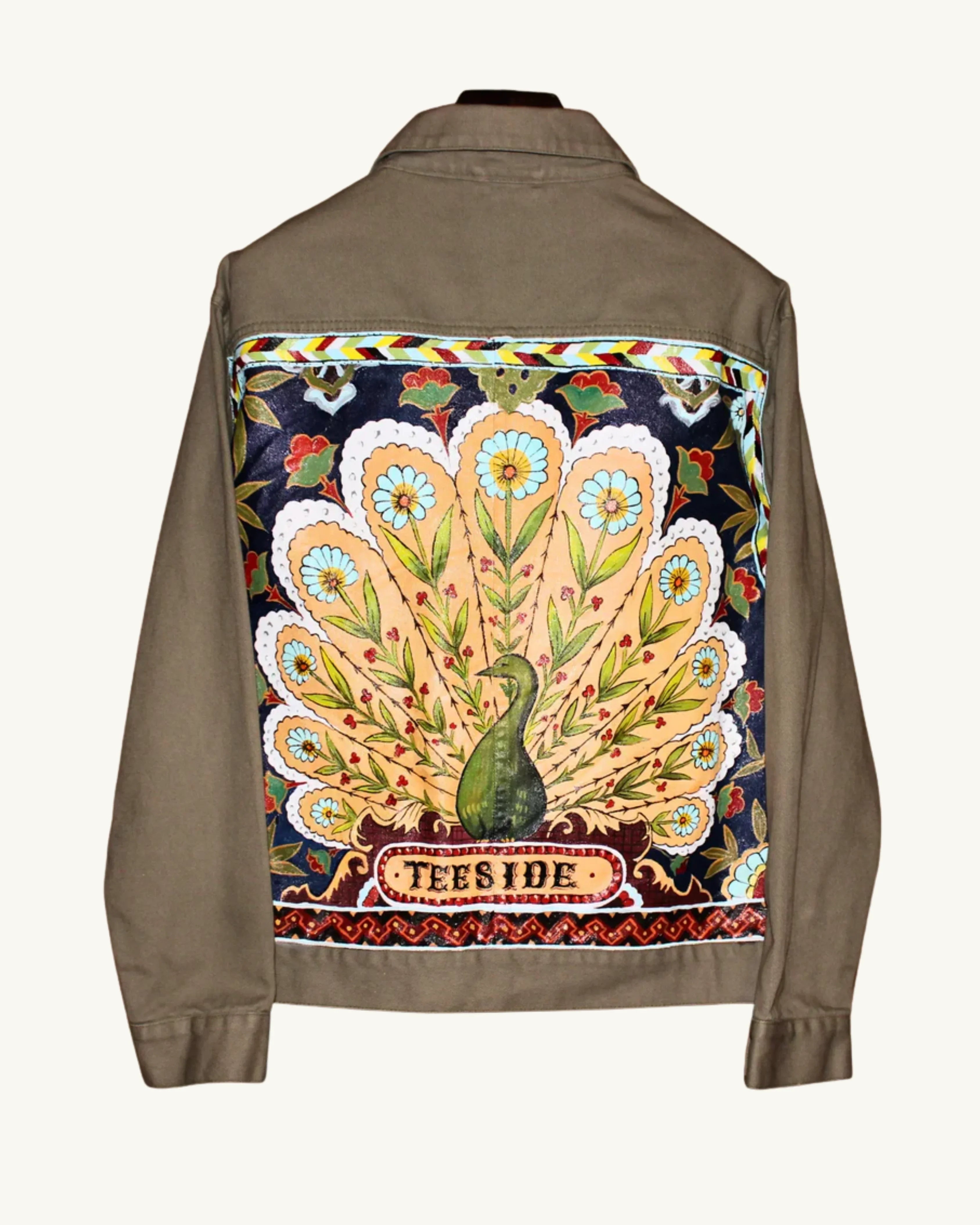 Teeside jacket with colorful peacock and floral embroidery design on the back
