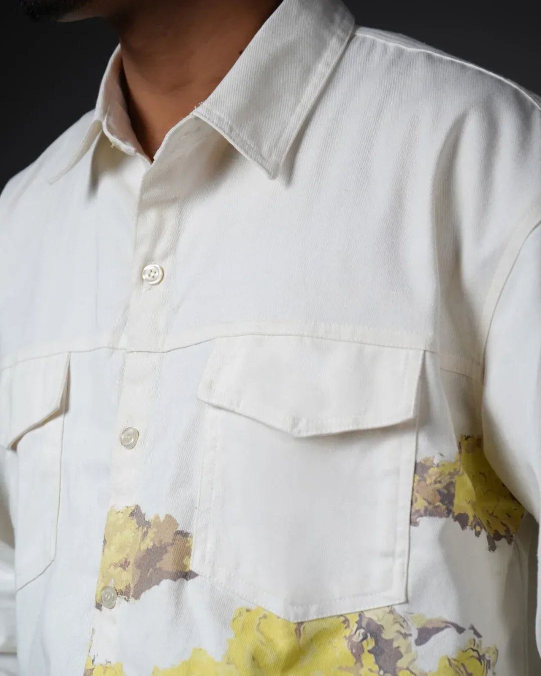 teeside white button-up shirt with chest pockets and yellow abstract pattern