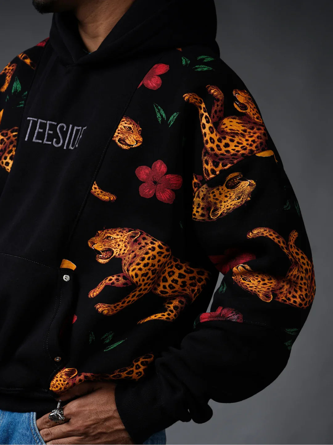 Teeside black hoodie with bold leopard and floral print details